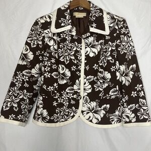 Michael Kors Women's Blazer Jacket Size 10 brown white floral Hibiscus Tropical‎